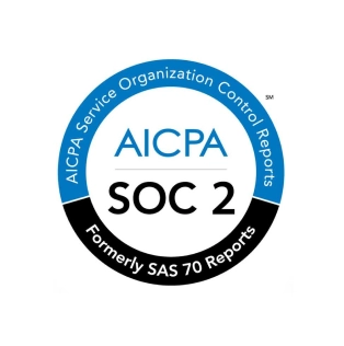 Blue and black text reading 'AICPA SOC 2' inside a blue and black circle with white text along the edge reading 'AICPA service Organization Control Reports Formerly SAS 70 Reports'. The icon is on a white circular background.