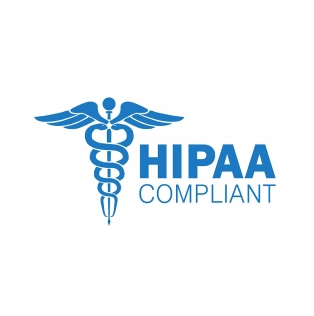 Blue medical snake symbol next to blue text reading 'HIPAA Compliant' on a white circular background.