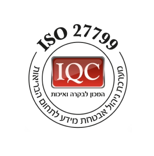 Icon with black text reading 'ISO 27799' along the edge of a black circle outline. Inside the circle, there's a red rectangle with white text reading 'IQC'. The icon is on a white circular background.
