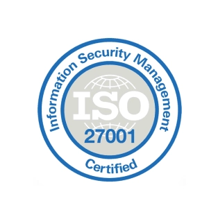 Icon with two concentric blue circles with blue text between the two circles reading 'Information Security Management Certified'. The inner circle has a grey background and white and blue text reading 'ISO 27001'. The icon is on a white circular background.