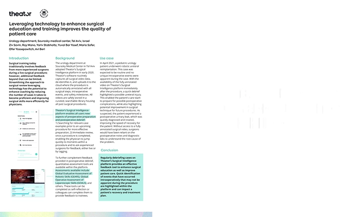 Front page of a Theator case study titled 'Leveraging technology to enhance surgical education and training improves the quality of patient care'. To the right of the case study is the Tel Aviv Sourasky Medical Center logo: white icon of a heart with three arrows pointing toward the point of the heart. Underneath the icon, white text reads 'Tel Aviv Sourasky Medical Center Ichilov'.