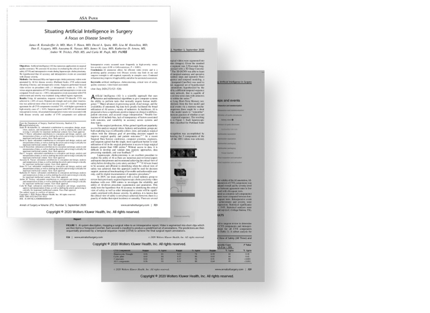 3 stacked but slightly offset pages of a paper titled 'Situating Artificial Intelligence in Surgery'. To the right of the pages is white text reading 'Stanford University'.
