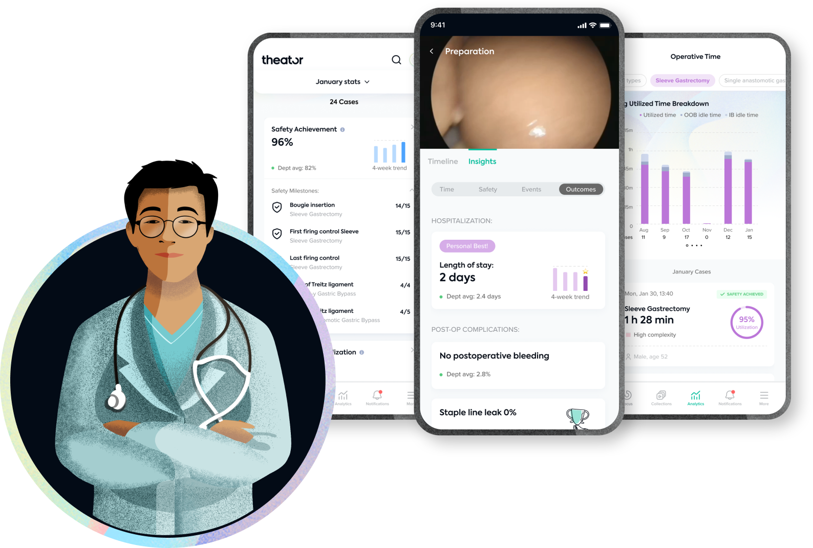 phone UI of app screen with male surgeon