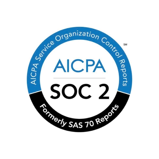 Blue and black text reading "AICPA SOC 2" inside a blue and black circle with white text along the edge reading "AICPA service Organization Control Reports Formerly SAS 70 Reports". The icon is on a white circular background.