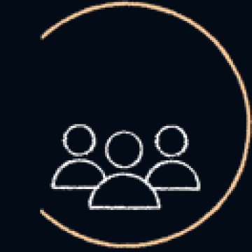 White icon of three simple outlines of people. The icon has a yellow circular border.