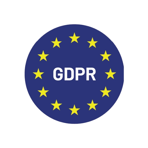 Deep blue circle icon with white text reading 'GDPR' in the middle of a circle of yellow stars. The icon is on a white circular background.