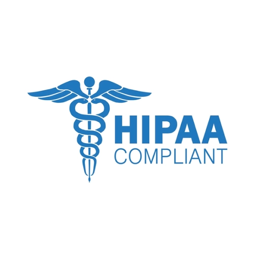 Blue medical snake symbol next to blue text reading "HIPAA Compliant" on a white circular background.