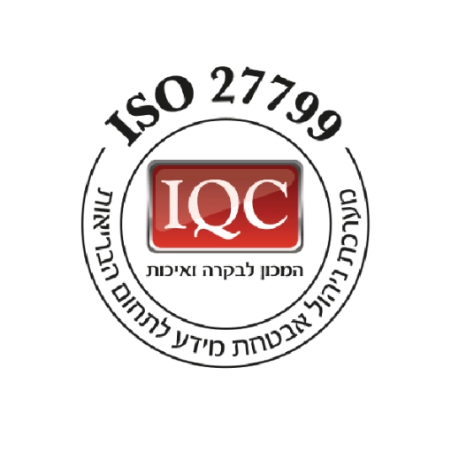 Icon with black text reading "ISO 27799" along the edge of a black circle outline. Inside the circle, there's a red rectangle with white text reading "IQC". The icon is on a white circular background.