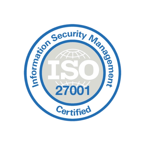 Icon with two concentric blue circles with blue text between the two circles reading "Information Security Management Certified". The inner circle has a grey background and white and blue text reading "ISO 27001". The icon is on a white circular background.