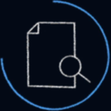 White icon of a piece of paper with a magnifying glass over the right edge. The icon has a blue circular border.