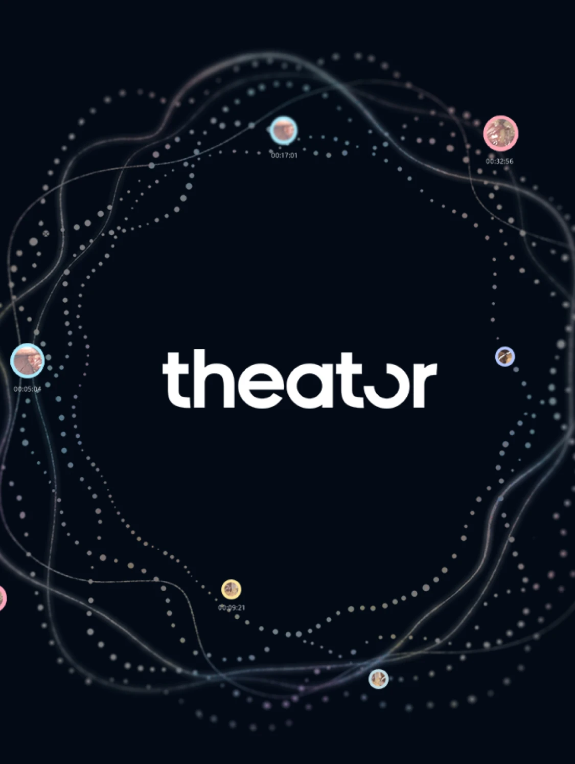 White text reading 'theator' orbited by wavy white lines and multi-colored circles.