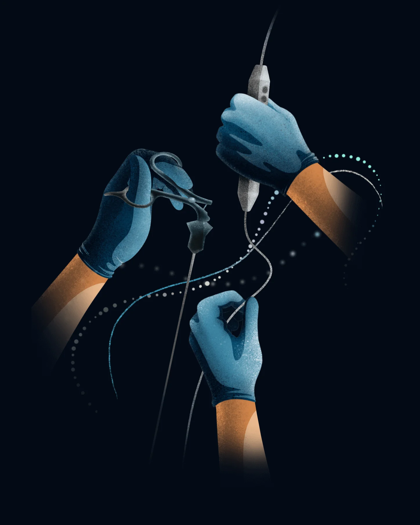 Three gloved hands each holding a medical tool on a navy background.