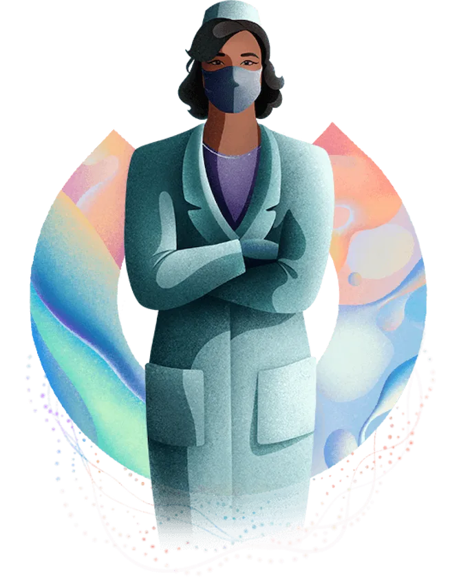 Surgeon with dark curly hair standing with her arms crossed in front of a pastel abstract background. She is wearing a green lab coat, surgical mask, and cap.