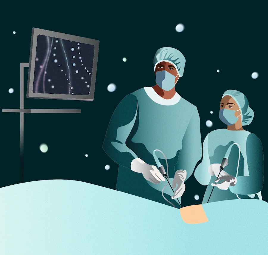 Illustration of two surgeons wearing blue surgical caps, masks, and scrubs operating on a patient that's mostly covered by a blue sheet.
